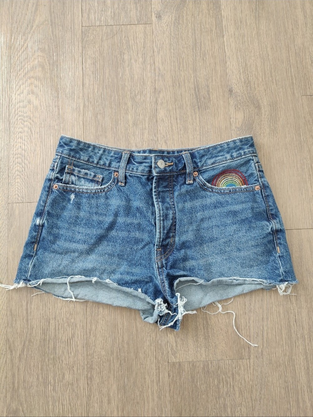Old Navy High Rise Denim Cutoff O.G. Short with Rainbow Embroidery